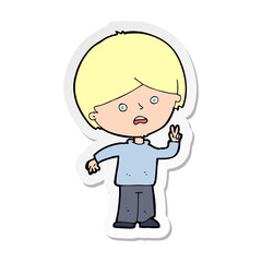 sticker of a cartoon unhappy boy giving peace sign