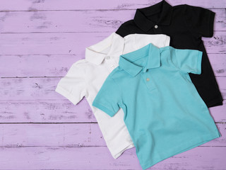 Clothes for men, kids, boys (cotton pique polo). Spring summer collection, classic look, fashion concept. Flat lay, view from above