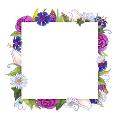 Watercolor flowers frame. Springtime. Roses, tulips, cornflowers, snowdrops, chamomiles muscari and leaves. Healing Herbs for cards, wedding invitation, posters, save the date or greeting design. 