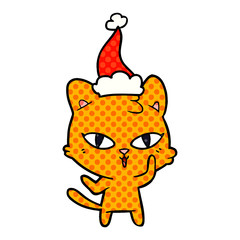 comic book style illustration of a cat wearing santa hat