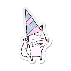 distressed sticker of a cartoon wolf in party hat