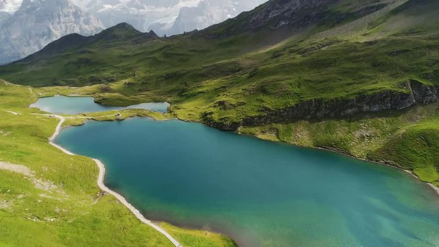 Lake on mountain in Wengen, Switzerland, aerial