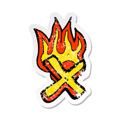 retro distressed sticker of a cartoon flaming letter