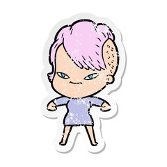 distressed sticker of a cute cartoon girl with hipster haircut