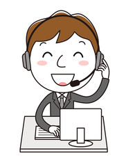 インカムをつけた男性社員とパソコン