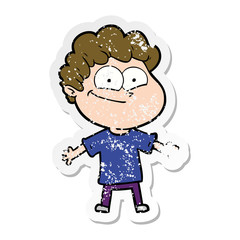 distressed sticker of a cartoon happy man