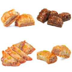 Tasty turkish sweets collage isolated on white