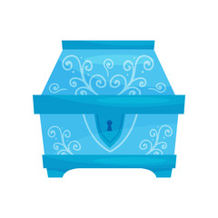 Flat vector icon of closed bright blue chest with ornaments. Small casket for jewelry. Storage box