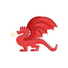 Red dragon with steam from the nose. Fantastic animal with large wings. Mythical creature. Flat vector design