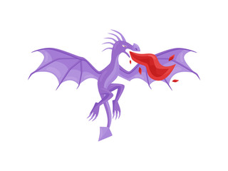 Purple dragon in flying action with wide open wings breathing fire. Mythical creature. Fantastic monster. Flat vector