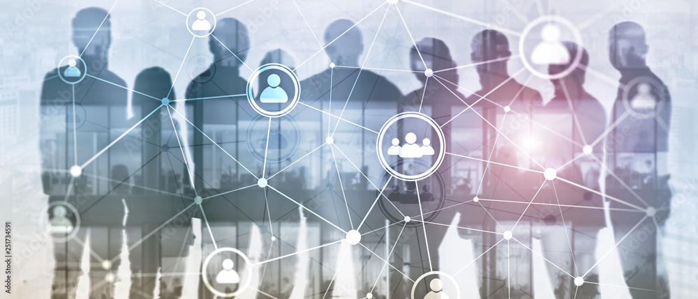 Poster website header banner. double exposure people network structure hr - human resources management and 