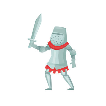 Knight with sword in hand in fighting pose. Medieval warrior in metal armor. Cartoon character. Flat vector design