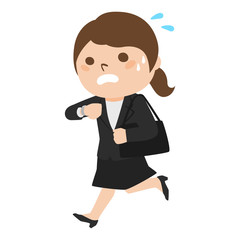 若い女性のイラスト。腕時計見ながら走るビジネスウーマン。
