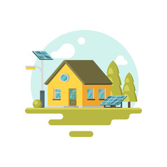 Flat vector icon of cute yellow eco house with solar panels and trees near by. Alternative energy. Family home