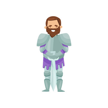 Cheerful bearded knight standing with sword. Medieval warrior in shiny metal armor. Royal soldier. Flat vector design