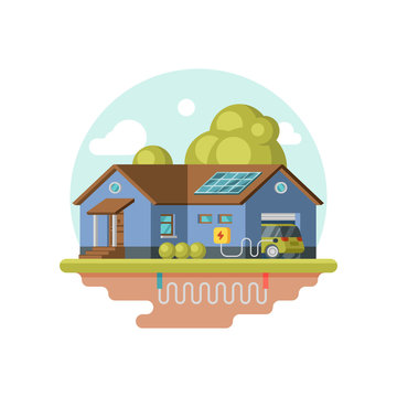 Flat vector icon of eco-friendly house, electric car in garage. Geothermal power. Clean energy sustainable home