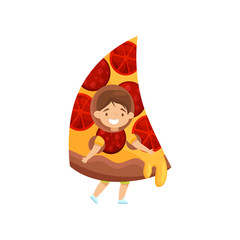 Little smiling kid in pizza slice costume. Cute brunette boy. Fast food. Kid with happy face. Flat vector design