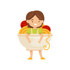 Cute little girl dressed as bowl of noddles with tomatoes. Funny costume for carnival. Flat vector design