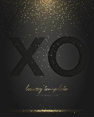 Black XO paper cut. Falling Golden confetti.