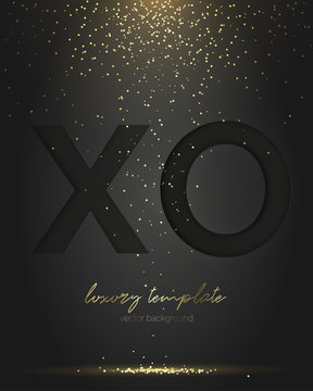 Black XO paper cut. Falling Golden confetti.