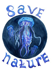 Three jellyfish are swimming in the ocean. Dark blue circle on a white background.  Inscription "Save nature". © KiteGet