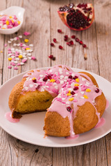 Cake with pink frosting. 