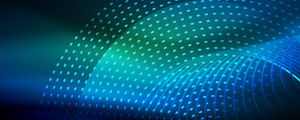 Fototapeta premium Glowing light particles in dark neon space, magic glow shiny abstract background