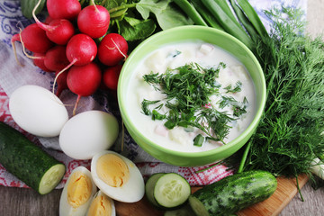 A bowl with traditinal Russian cuisine soup okroshka