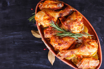 Chicken in paprika sauce baked in the oven in pottery. Chicken legs and wings