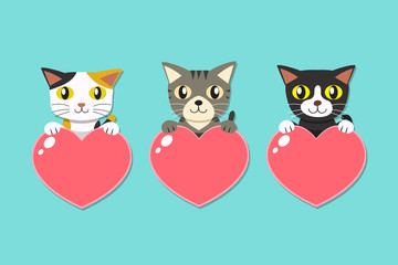 Set of cartoon cats with heart signs for design.