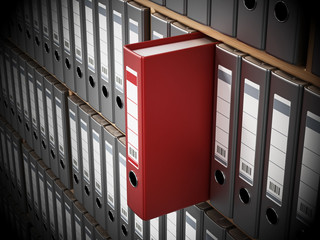 Red folder standing out among black ones inside wooden shelves. 3D illustration