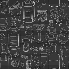 Seamless pattern with vintage hand drawn alcohol bottles and glasses on black background. Vector alchol pattern