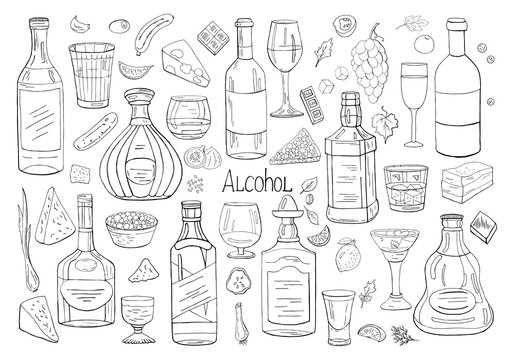 Vector hand drawn big set of alcohol elements isolated on white background, The most famous alcohol drinks outline