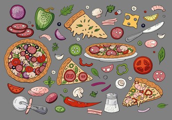 Vector hand drawn colorful horizontal background with italian food