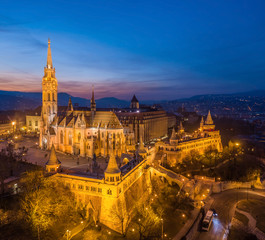 Budapest, Hungary - Aerial view of the illuminated Fisherman's Bastion (Halaszbastya) and Matthias...