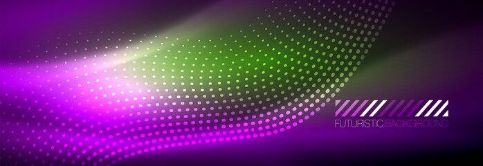 Glowing abstract wave on dark, shiny motion, magic space light. Vector techno abstract background