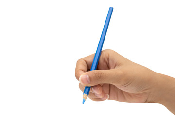 Female hand with blue color pencil isolated on white