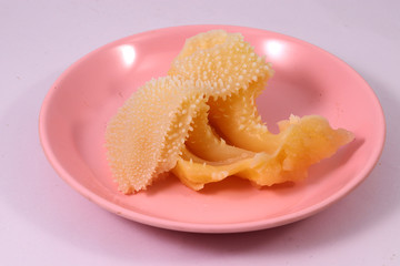 Beef omasum on pink dish