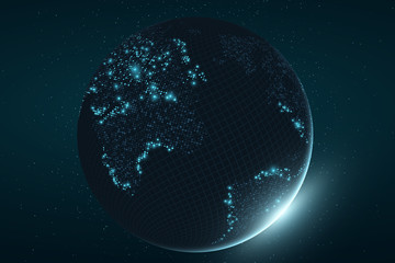 Futuristic planet Earth. Glowing map of square dots. Abstract background. Space composition. Blue glow. High tech. World map. Global network connection. Vector illustration