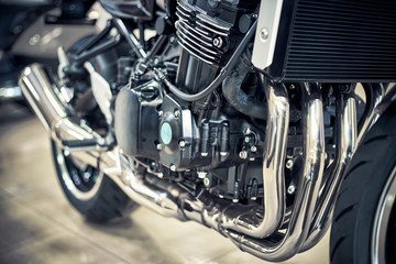 Beautiful view of the motorcycle with an emphasis on the engine.