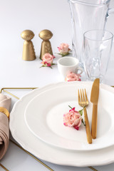 Beautiful table setting on light background