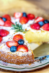 Almond and blueberries and strawberry cake, Concept for healthy eating and nutrition
