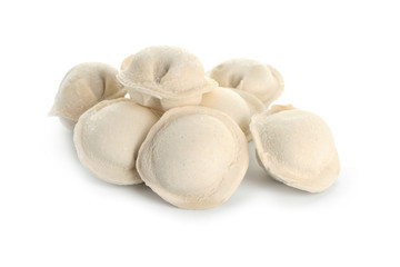 Fresh raw dumplings on white background