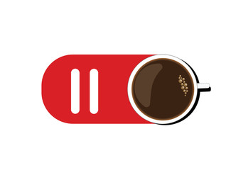 A mug of hot coffee with milk and a pause sign on a white background. Morning, breakfast, lunch and rest. Relax.