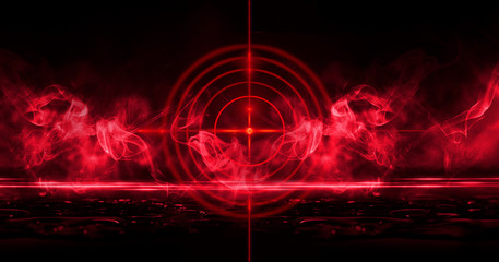 Abstract dark background with rays, laser red sight and neon light. Empty tunnel, room, basement...