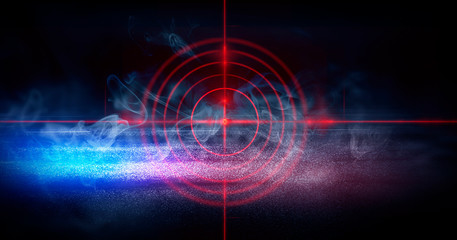 Abstract dark background with rays, laser red sight and neon light. Empty tunnel, room, basement night view of a dark room. Wet asphalt in the night city, reflection. Red neon and red laser sight. Neo