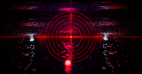 Abstract dark background with rays, laser red sight and neon light. Empty tunnel, room, basement night view of a dark room. Wet asphalt in the night city, reflection. Red neon and red laser sight. Neo