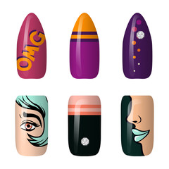 set of colored painted pop art nail stickers. Neon manicure art. nail polish. isolated on a dark background