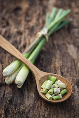 Lemon grass slices on wooden spoon for healthy eating 