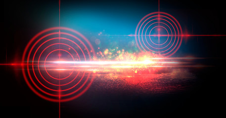 Abstract dark background with rays, laser red sight and neon light. Empty tunnel, room, basement night view of a dark room. Wet asphalt in the night city, reflection. Red neon and red laser sight. Neo